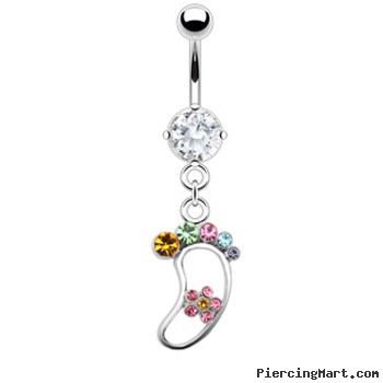 Navel ring with dangling rainbow foot with flower