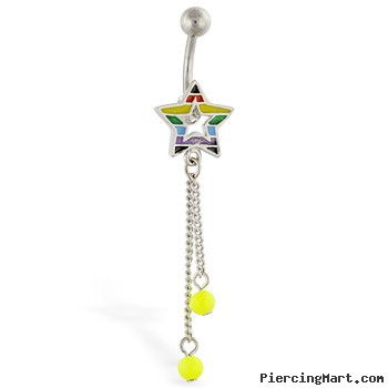 Rainbow star navel ring with dangling neon green dangles