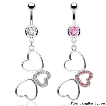 Navel ring with dangling crooked hearts