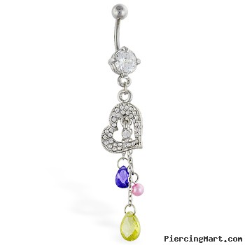 Navel ring with dangling jeweled heart and multi-colored dangles