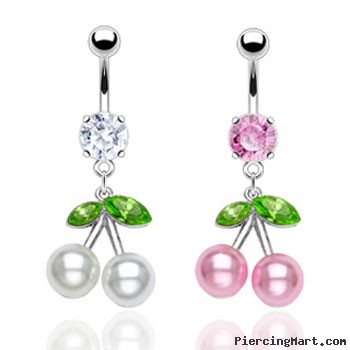 Navel ring with dangling pearl cherries