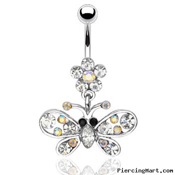 Flower navel ring with multi-gemmed dangling butterfly