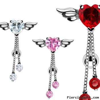 Reversed belly ring with heart with wings and dangles