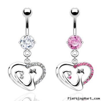 Belly ring with dangling jeweled heart with cat