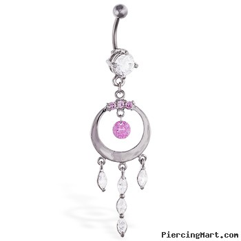 Belly ring with large dangling circle and jeweled dangles