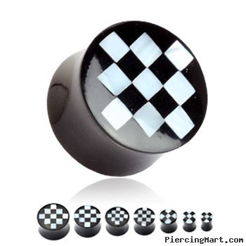 Pair Of Organic Horn Plugs with Checkered Mother Of Pearl Inlay