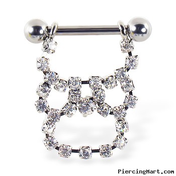 Nipple ring with long dangling jeweled chain, 12 ga or 14 ga