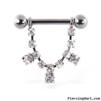 Nipple ring with dangling jeweled chain and gems, 12 ga or 14 ga