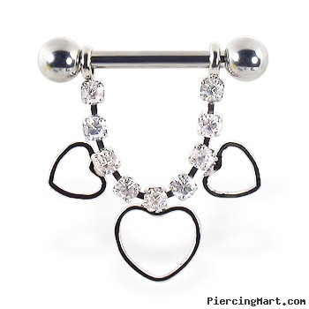 Nipple ring with dangling jeweled chain and hollow hearts, 12 ga or 14 ga