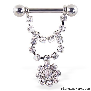 Nipple ring with dangling jeweled chain and flower, 12 ga or 14 ga