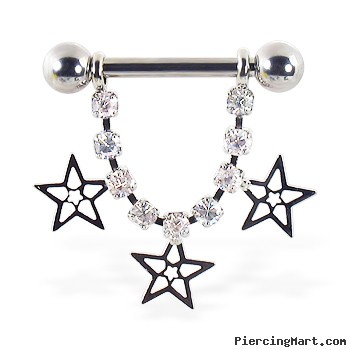 Nipple ring with dangling jeweled chain and stars, 12 ga or 14 ga