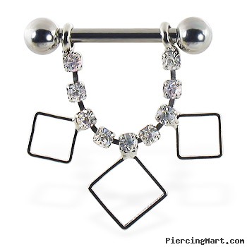 Nipple ring with dangling jeweled chain and hollow squares, 12 ga or 14 ga