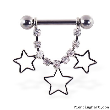Nipple ring with dangling jeweled chain and hollow stars, 12 ga or 14 ga