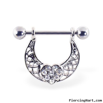 Nipple ring with swinging jeweled heart on arc, 14 ga