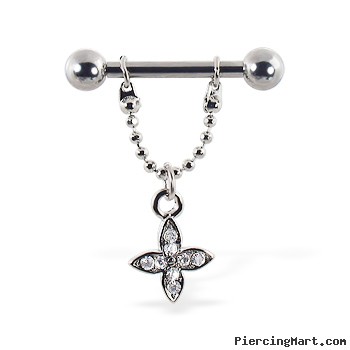 Nipple ring with dangling jeweled chain and cross, 12 ga or 14 ga