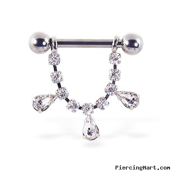 Nipple ring with dangling jeweled chain and teardrop gems, 12 ga or 14 ga