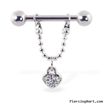 Nipple ring with dangling jeweled heart, 12 ga or 14 ga