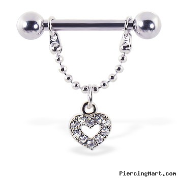 Nipple ring with dangling jeweled heart, 12 ga or 14 ga