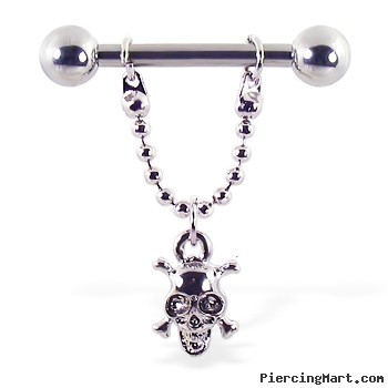 Nipple ring with dangling skull, 12 ga or 14 ga