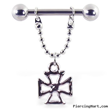 Nipple ring with dangling cross, 12 ga or 14 ga