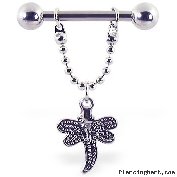 Nipple ring with dangling dragonfly, 12 ga or 14 ga