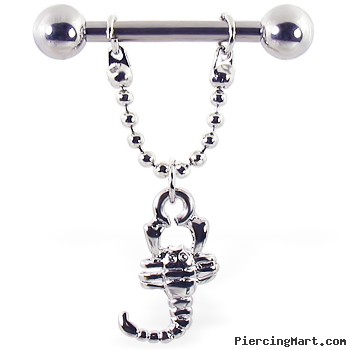 Nipple ring with dangling scorpion on chain, 12 ga or 14 ga