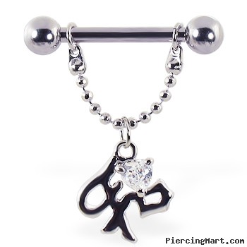 Nipple ring with dangling Chinese symbol for "peace" and gem, 12 ga or 14 ga
