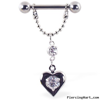 Nipple ring with dangling chain and heart with center gem, 12 ga or 14 ga