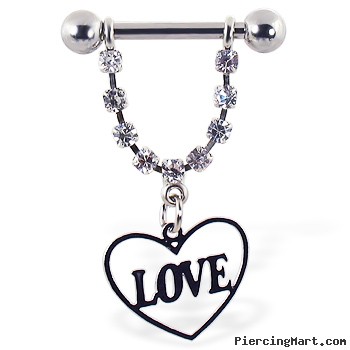 Nipple ring with dangling heart on chain with "LOVE", 12 ga or 14 ga