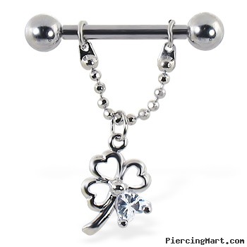 Nipple ring with dangling chain and clover with gem, 12 ga or 14 ga