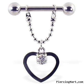 Nipple ring with dangling hollow heart and gem on a chain, 12 ga or 14 ga