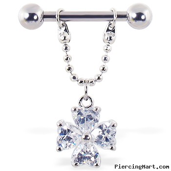 Nipple ring with dangling big jeweled flower, 12 ga or 14 ga