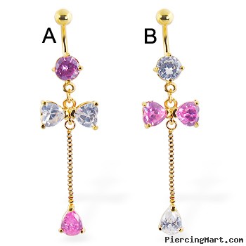 Belly ring with a large dangling bow and gem