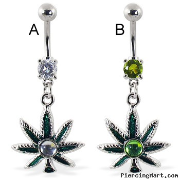 Belly ring with dangling pot leaf with hologram gem