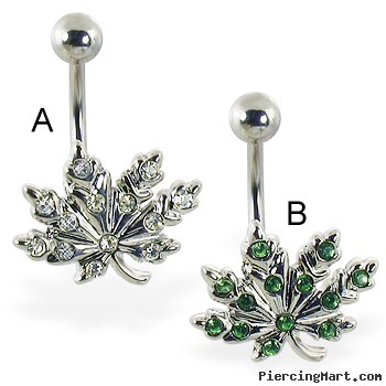 Pot leaf belly ring with multi-gems