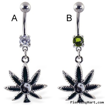 Belly ring with dangling pot leaf with ying-ying