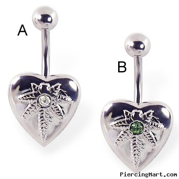 Heart belly ring with pot leaf logo and gem