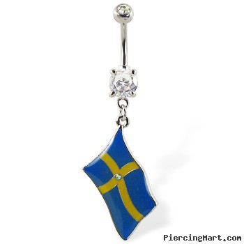 Belly ring with dangling Swedish flag