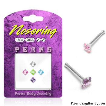 Sterling silver nose pin pack with square assorted colored gems, 20 ga
