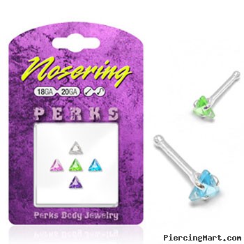 Sterling silver nose pin pack with triangle assorted colored gems, 20 ga