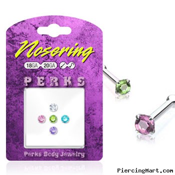 Sterling silver nose pin pack with round assorted colored gems, 20 ga