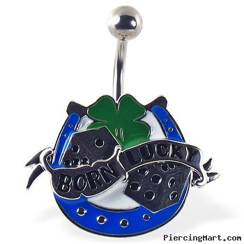 "BORN LUCKY" navel ring with dice, horseshoe, and clover