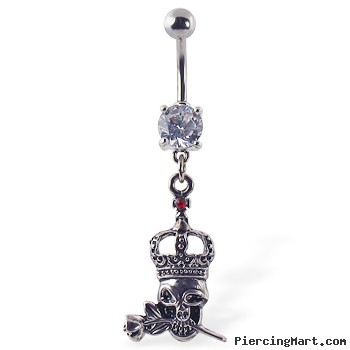 Navel ring with dangling crowned skull biting rose