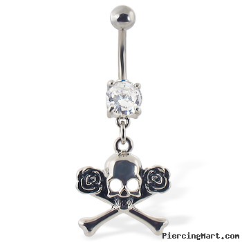 Navel ring with dangling skull and crossbones with roses