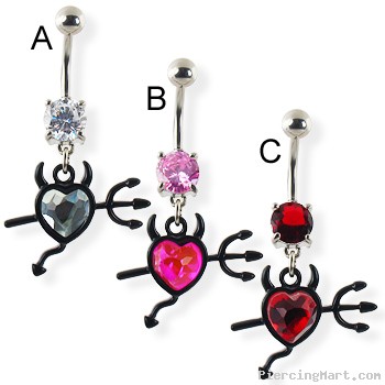 Navel ring with dangling jeweled devil heart and trident