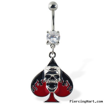 Navel ring with dangling spade and skull