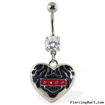 Navel ring with dangling heart with motorcyle logo