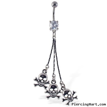 Navel ring with long dangling skulls