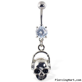 Navel ring with dangling skull with headphones