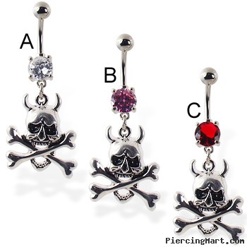 Navel ring with dangling devil skull with bones